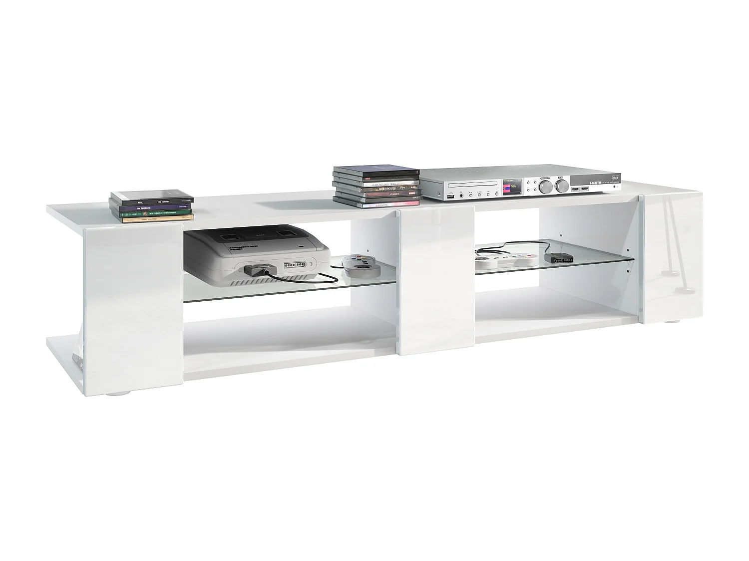 Buffet bas Movie V2, Meuble TV avec 6 compartiments ouverts et placages décoratifs, Blanc mat/Blanc haute brillance (134 x 29 x 39 cm)