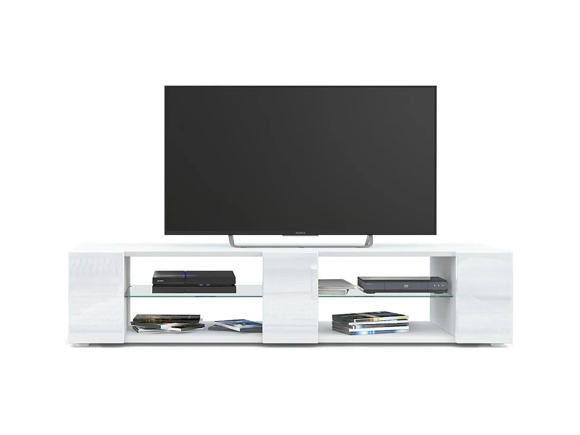 Buffet bas Movie V2, Meuble TV avec 6 compartiments ouverts et placages décoratifs, Blanc mat/Blanc haute brillance (134 x 29 x 39 cm)