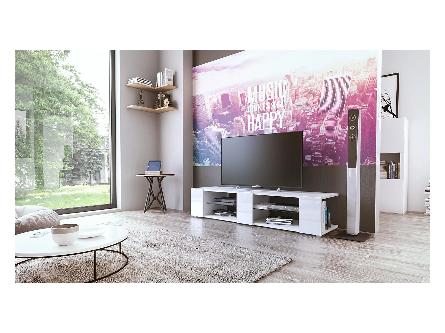 Buffet bas Movie V2, Meuble TV avec 6 compartiments ouverts et placages décoratifs, Blanc mat/Blanc haute brillance (134 x 29 x 39 cm)