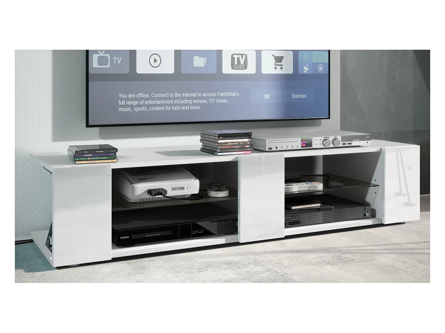 Buffet bas Movie V2, Meuble TV avec 6 compartiments ouverts et placages décoratifs, Blanc mat/Blanc haute brillance (134 x 29 x 39 cm)