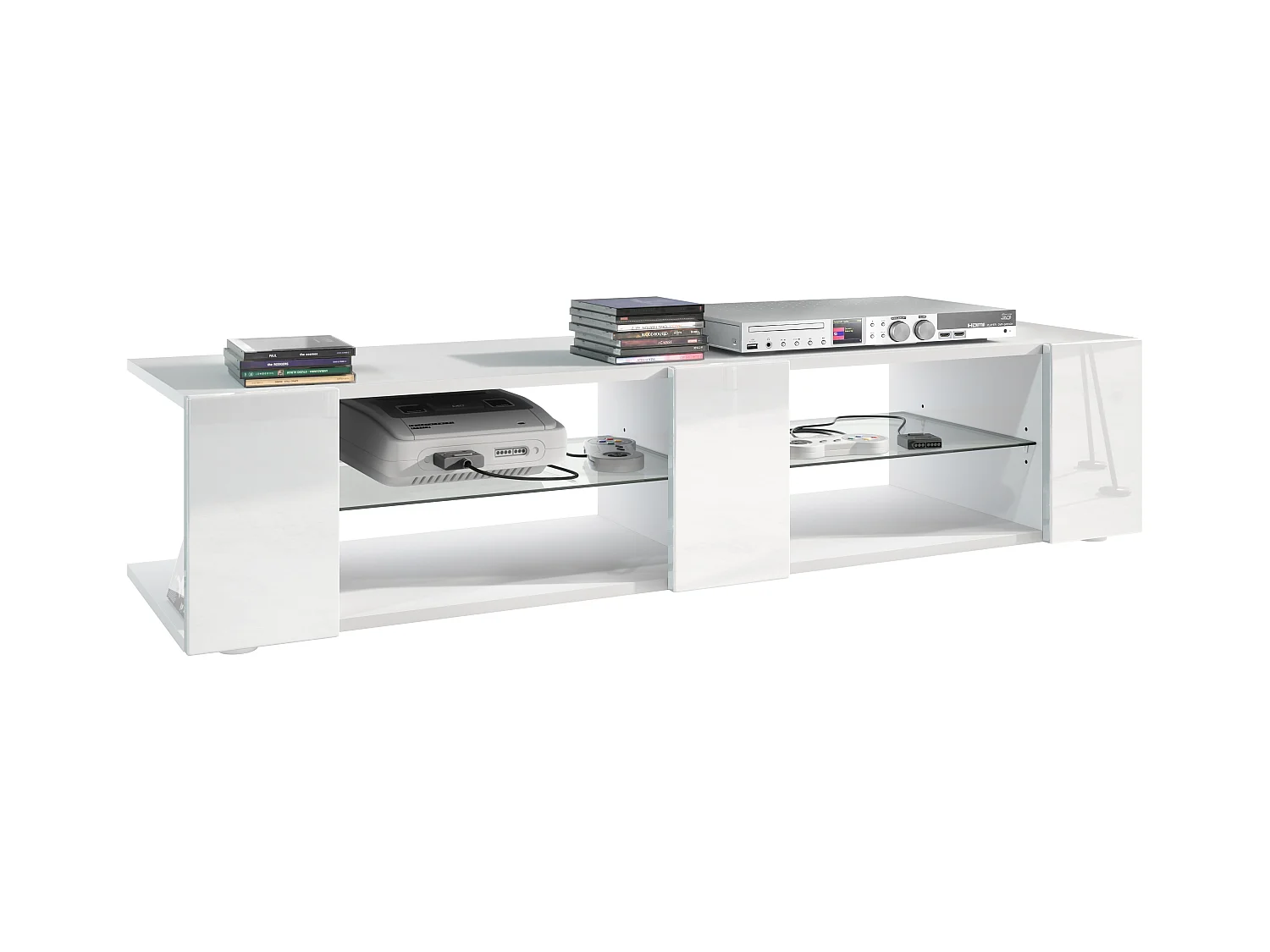 Buffet bas Movie V2, Meuble TV avec 6 compartiments ouverts et placages décoratifs, Blanc mat/Blanc haute brillance (134 x 29 x 39 cm)