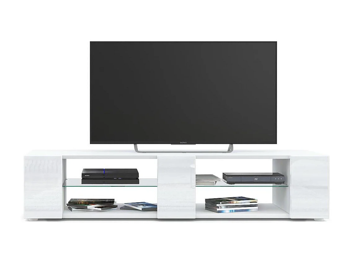Buffet bas Movie V2, Meuble TV avec 6 compartiments ouverts et placages décoratifs, Blanc mat/Blanc haute brillance (134 x 29 x 39 cm)