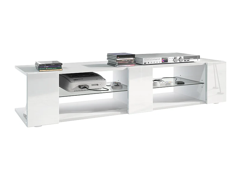 Buffet bas Movie V2, Meuble TV avec 6 compartiments ouverts et placages décoratifs, Blanc mat/Blanc haute brillance (134 x 29 x 39 cm)