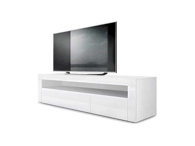 Buffet bas Valencia, Meuble TV avec 1 compartiment ouvert et 2 clapets, Blanc mat/blanc haute brillance/blanc haute brillance (155 x 46 x 40 cm)