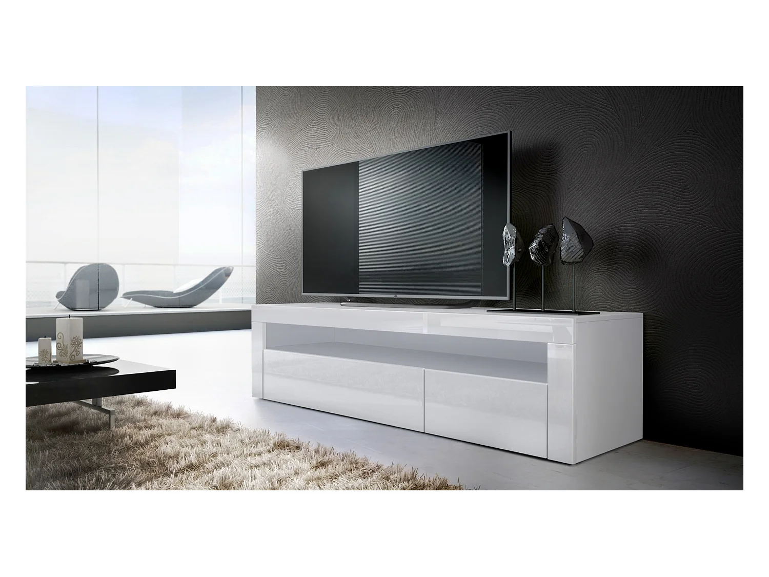 Buffet bas Valencia, Meuble TV avec 1 compartiment ouvert et 2 clapets, Blanc mat/blanc haute brillance/blanc haute brillance (155 x 46 x 40 cm)