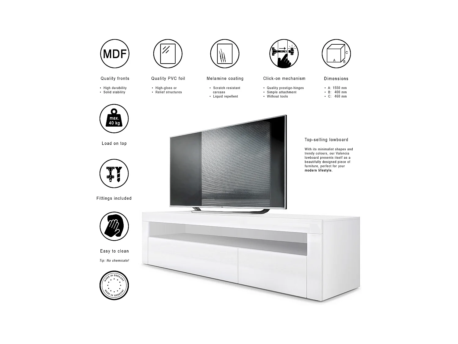 Buffet bas Valencia, Meuble TV avec 1 compartiment ouvert et 2 clapets, Blanc mat/blanc haute brillance/blanc haute brillance (155 x 46 x 40 cm)