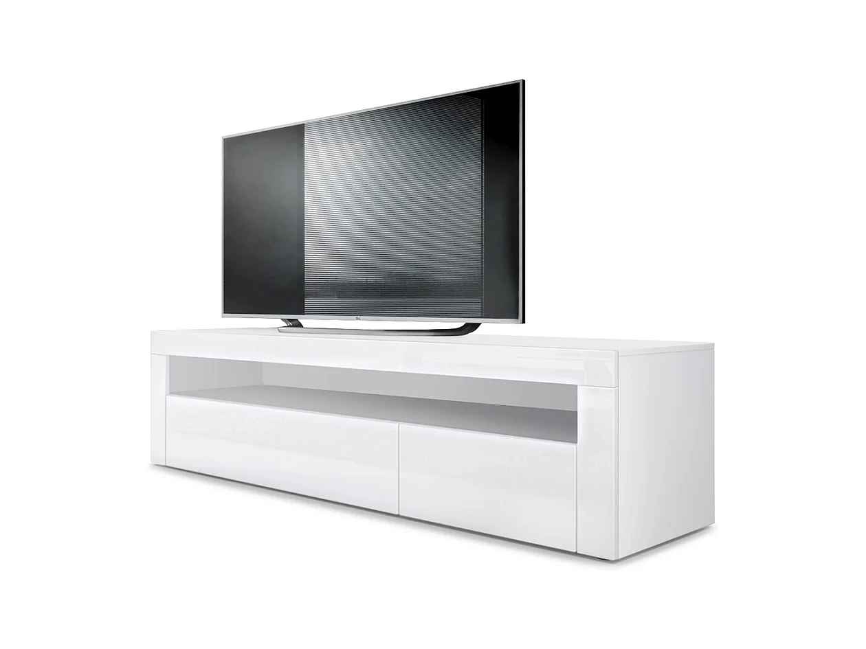 Buffet bas Valencia, Meuble TV avec 1 compartiment ouvert et 2 clapets, Blanc mat/blanc haute brillance/blanc haute brillance (155 x 46 x 40 cm)