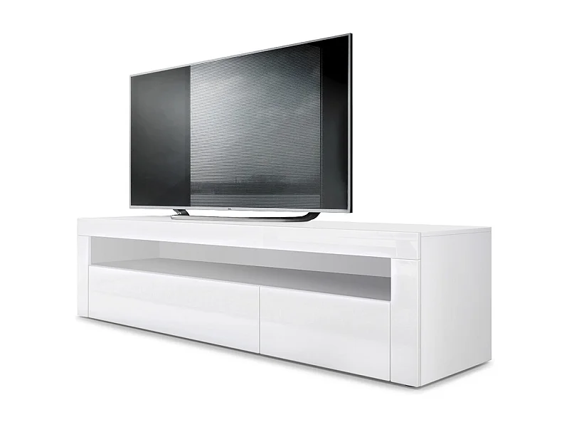 Buffet bas Valencia, Meuble TV avec 1 compartiment ouvert et 2 clapets, Blanc mat/blanc haute brillance/blanc haute brillance (155 x 46 x 40 cm)
