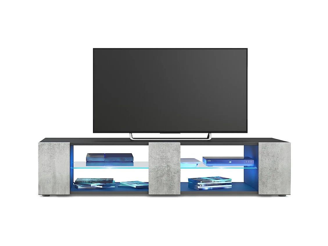 Buffet bas Movie V2, Meuble TV avec 6 compartiments ouverts et placages décoratifs, Noir mat/Aspect Béton Oxyde éclairage LED bleu inclus (134 x 29 x 39 cm)