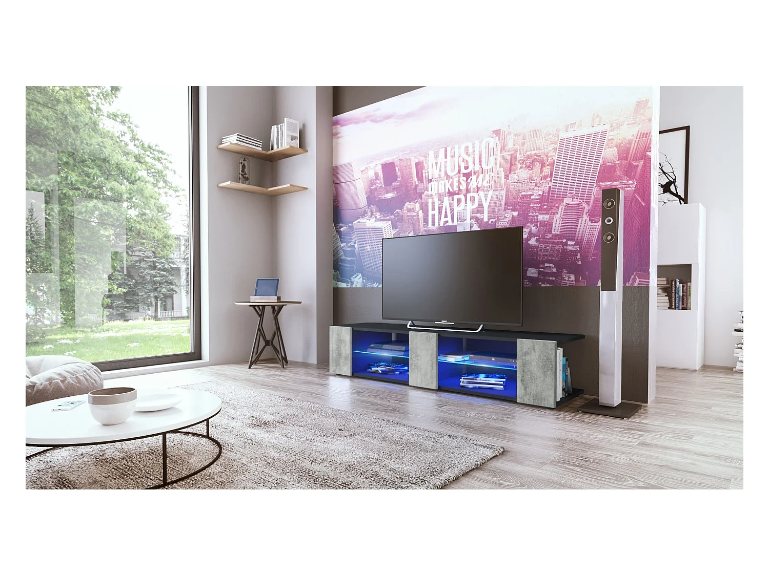 Buffet bas Movie V2, Meuble TV avec 6 compartiments ouverts et placages décoratifs, Noir mat/Aspect Béton Oxyde éclairage LED bleu inclus (134 x 29 x 39 cm)