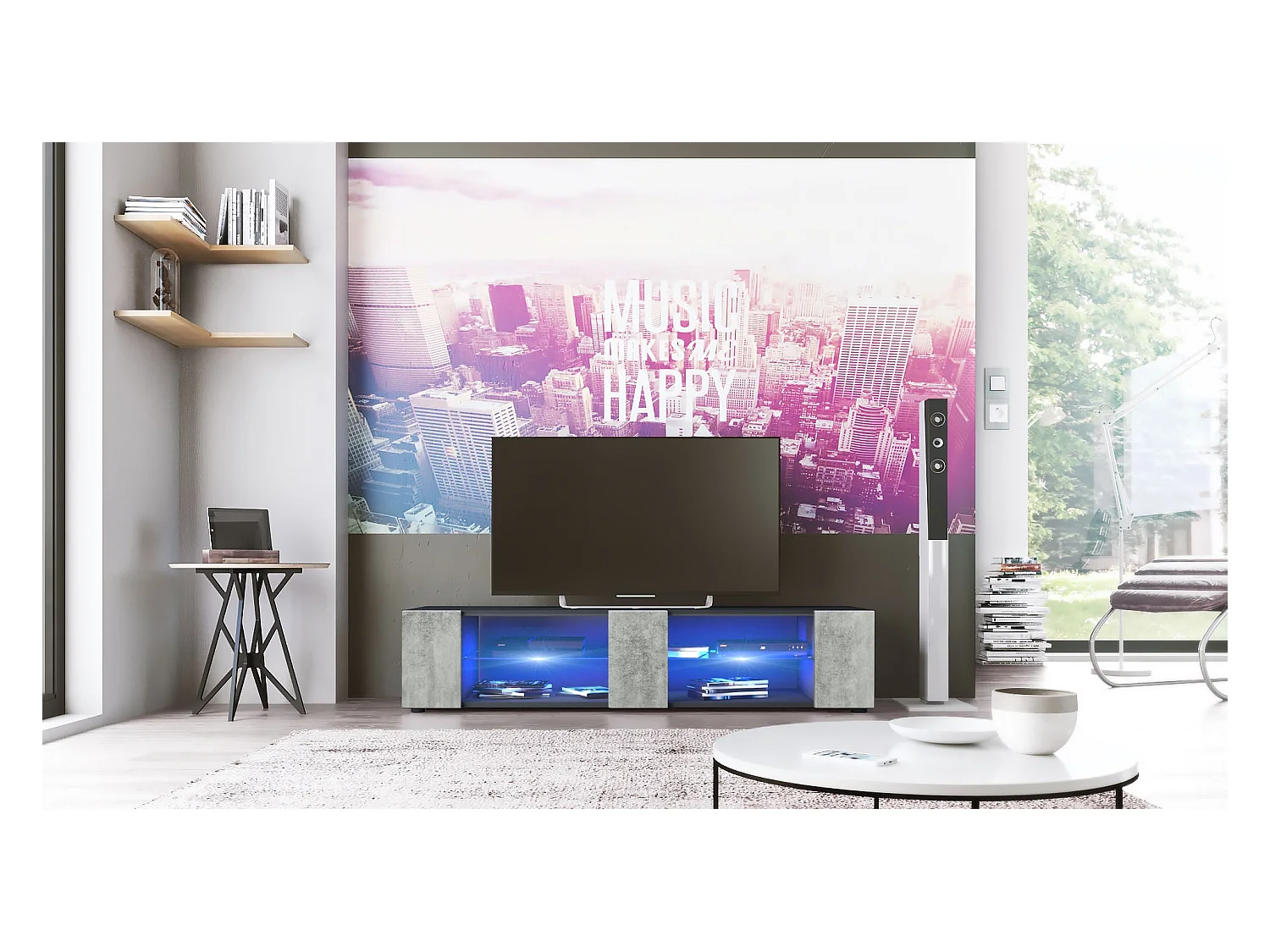 Buffet bas Movie V2, Meuble TV avec 6 compartiments ouverts et placages décoratifs, Noir mat/Aspect Béton Oxyde éclairage LED bleu inclus (134 x 29 x 39 cm)