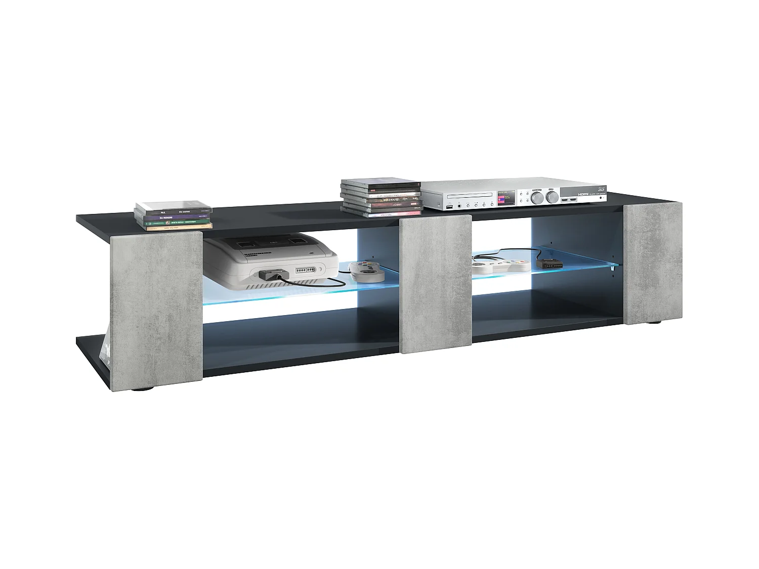 Buffet bas Movie V2, Meuble TV avec 6 compartiments ouverts et placages décoratifs, Noir mat/Aspect Béton Oxyde éclairage LED bleu inclus (134 x 29 x 39 cm)