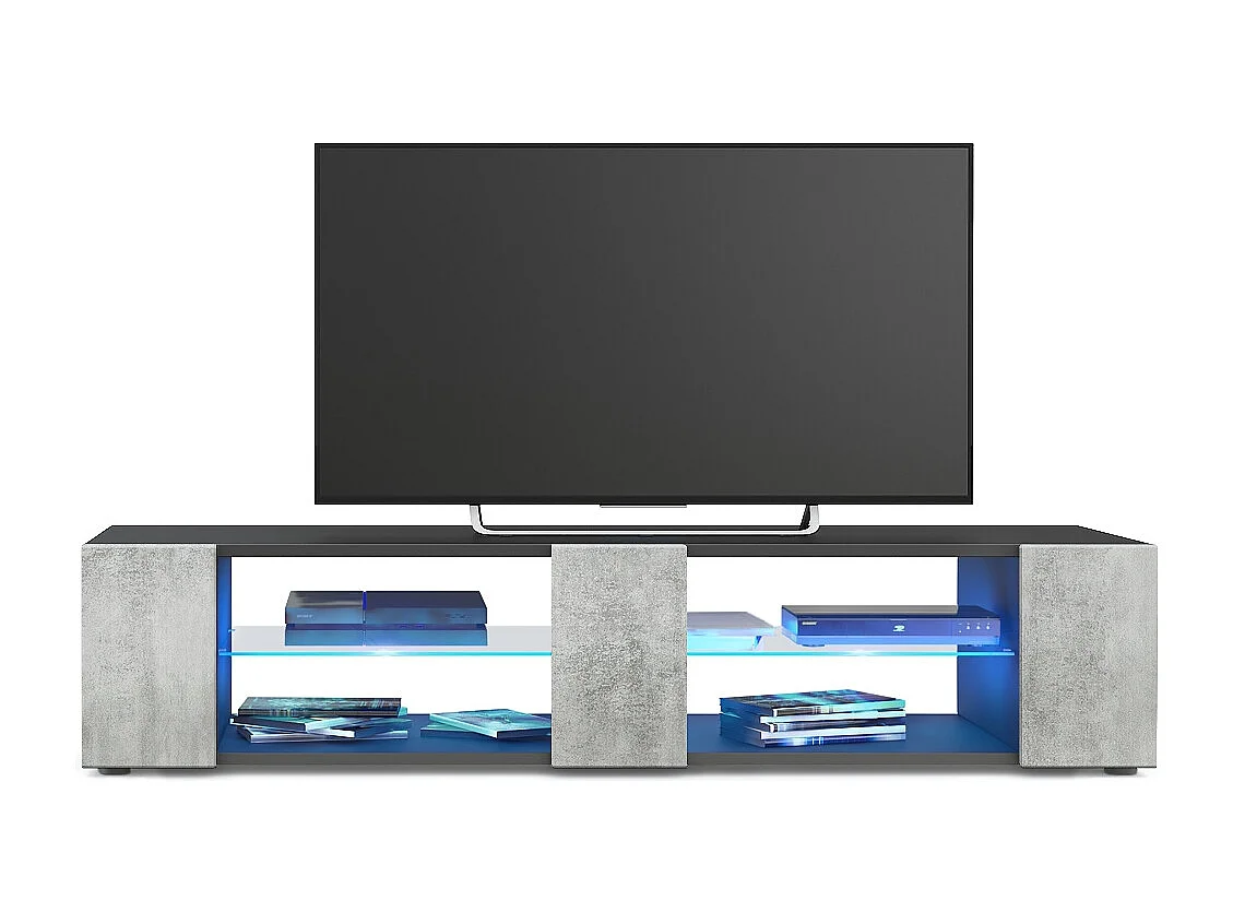 Buffet bas Movie V2, Meuble TV avec 6 compartiments ouverts et placages décoratifs, Noir mat/Aspect Béton Oxyde éclairage LED bleu inclus (134 x 29 x 39 cm)