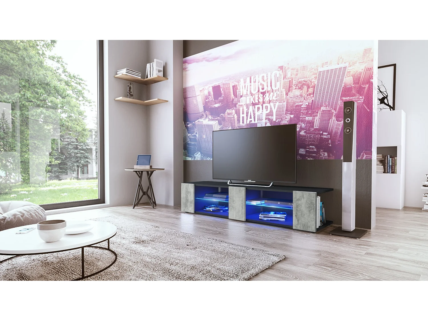 Buffet bas Movie V2, Meuble TV avec 6 compartiments ouverts et placages décoratifs, Noir mat/Aspect Béton Oxyde éclairage LED bleu inclus (134 x 29 x 39 cm)