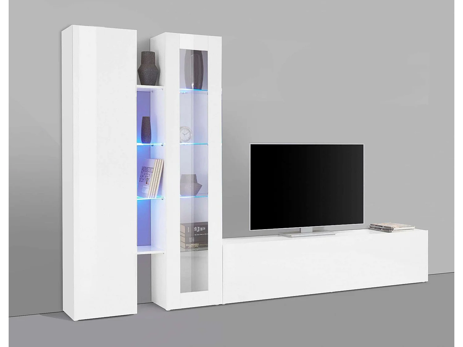 Meuble TV de salon moderne blanc armoire et vitrine Elco WH