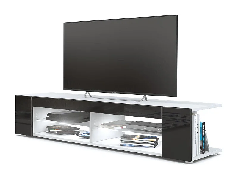 Mobiletto  Movie, mobile TV con 4 scomparti e pannelli aperti, opaco bianco/nero, con illuminazione a LED bianca (134 x 29 x 39 cm)