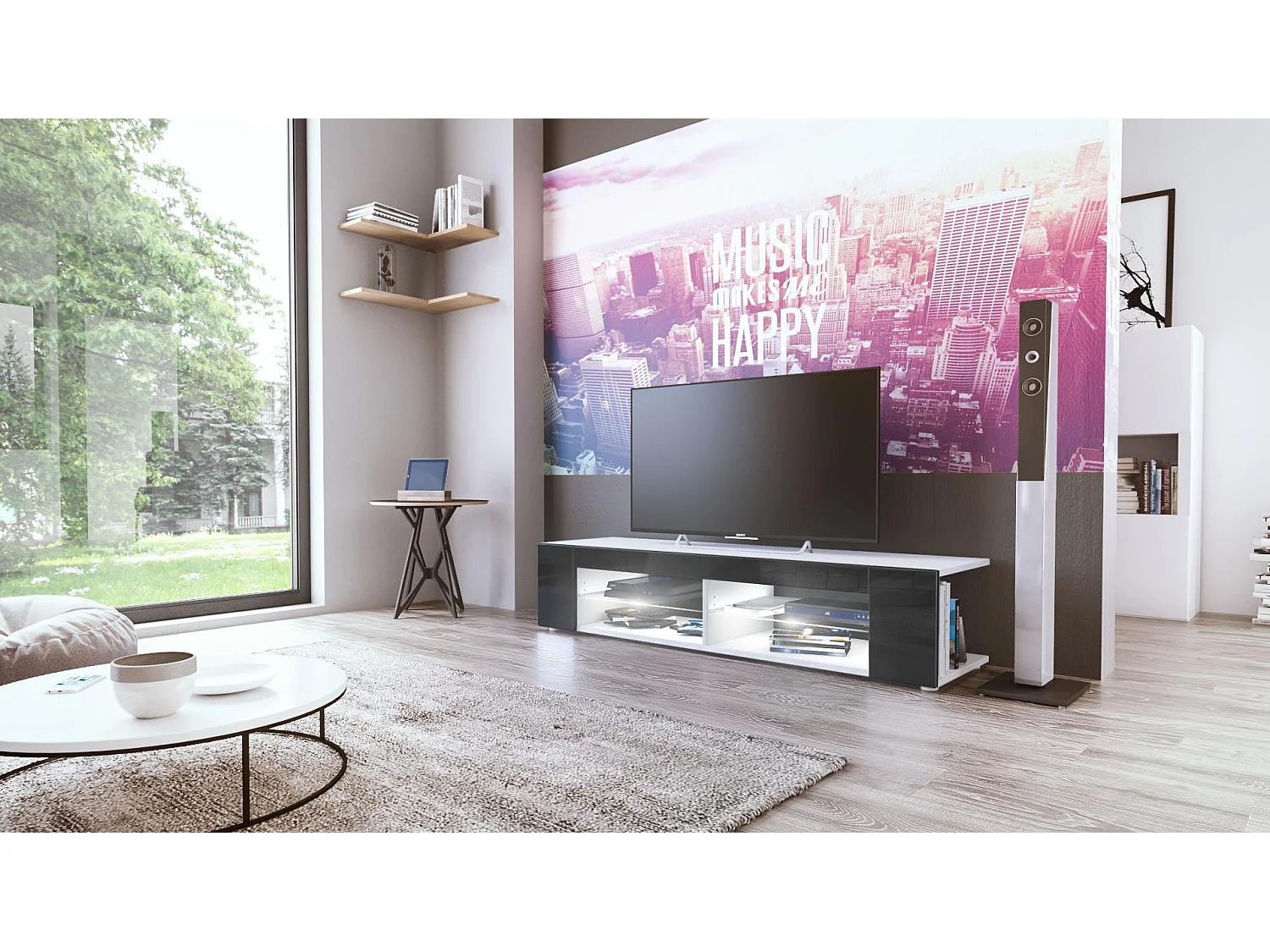 Buffet bas Movie, Meuble TV avec 4 compartiments ouverts et placages décoratifs, Blanc mat/Noir brillant, éclairage LED blanc inclus (134 x 29 x 39 cm)