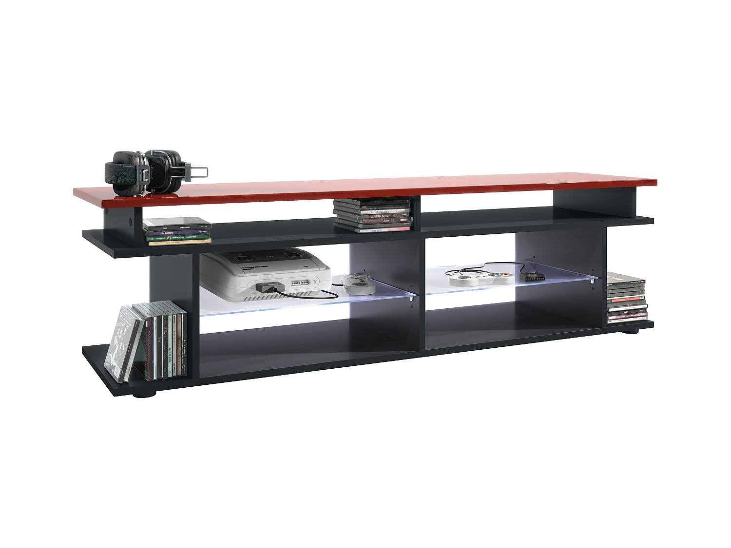 TV Board Movie V3 Game On 138,5 x 39 x 37,5 cm éclairage LED inclus Blanc, caisson en noir mat, élément supérieur en bordeaux haute brillance
