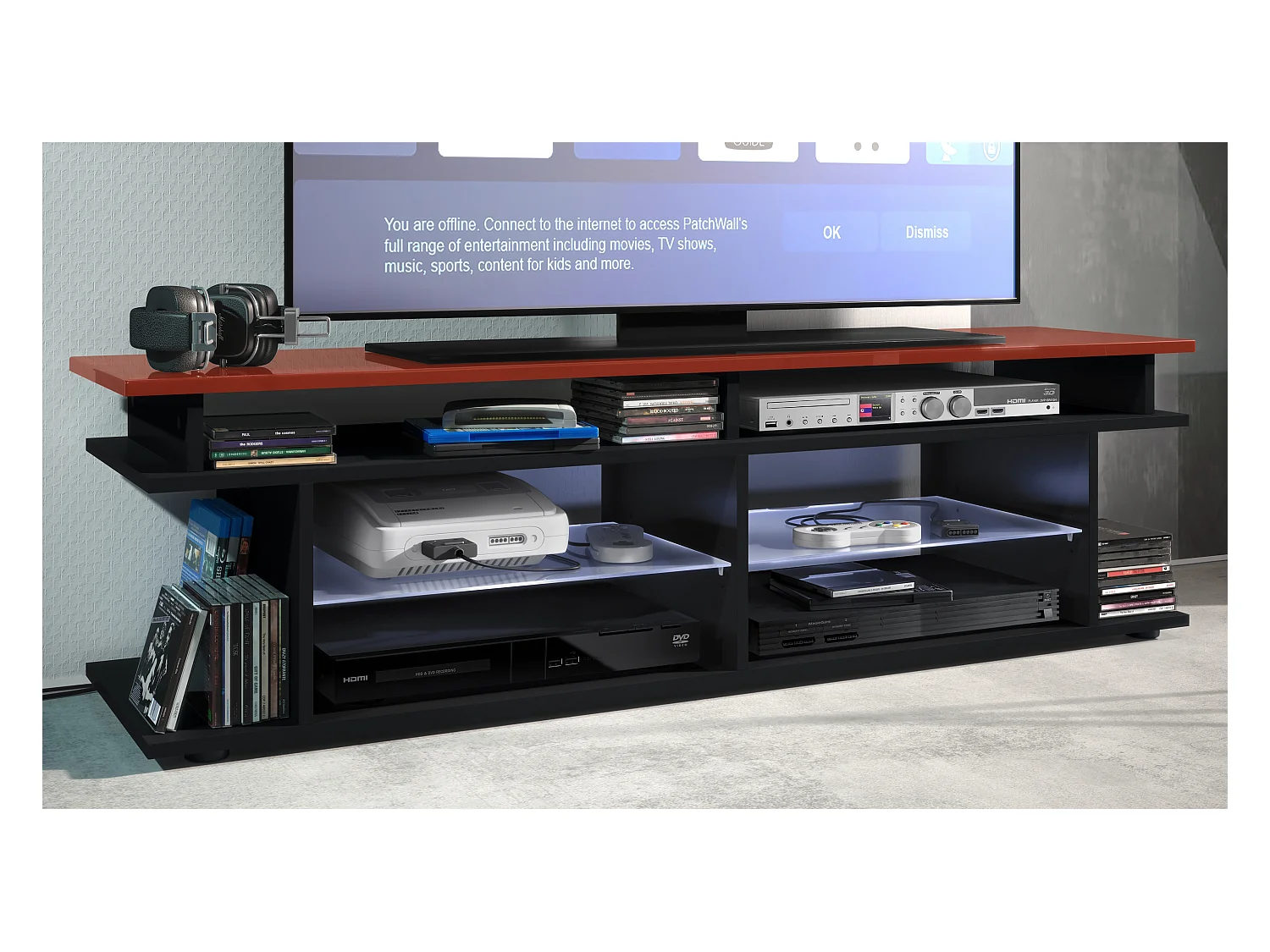 TV Board Movie V3 Game On 138,5 x 39 x 37,5 cm éclairage LED inclus Blanc, caisson en noir mat, élément supérieur en bordeaux haute brillance