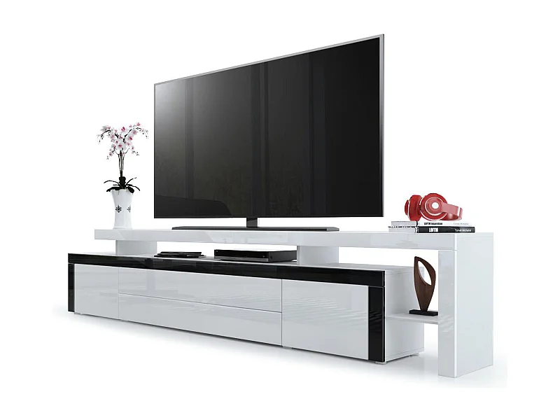 Mobile porta-tv Leon, Carcassa e supporto rialzato in bianco opaco / Frontale in bianco lucido con cornice in nero lucido (227 x 52 x 35 cm)