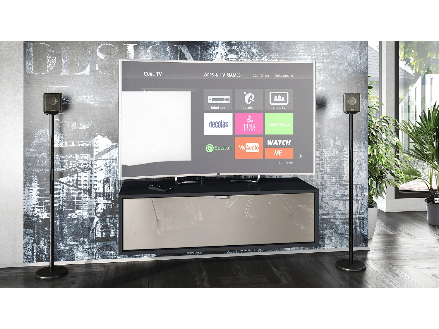 Meuble TV Lana 100 armoire murale lowboard 100 x 29 x 37 cm, caisson en noir mat, façades en gris sable haute brillance | Grand choix de couleurs