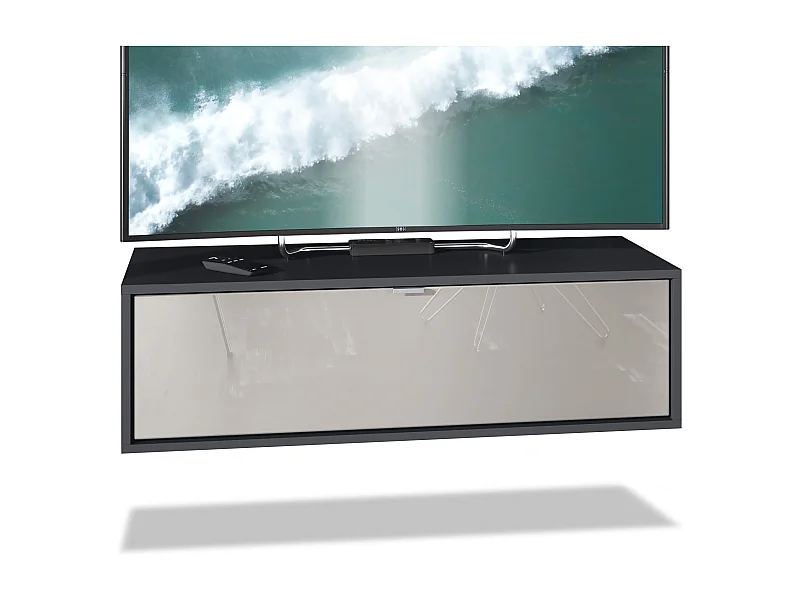 Meuble TV Lana 100 armoire murale lowboard 100 x 29 x 37 cm, caisson en noir mat, façades en gris sable haute brillance | Grand choix de couleurs