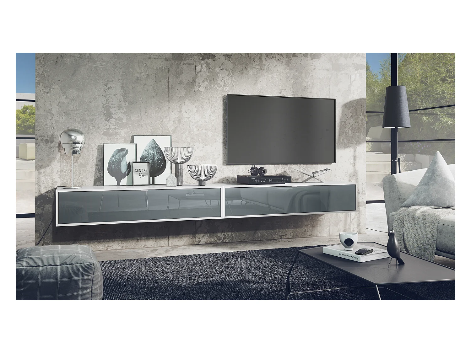 Ensemble de 2 set meuble TV Lana 140, lowboards de 140x29x37 cm chacun avec beaucoup d'espace de rangement, caisson en Blanc mat, façades en Gris brillant