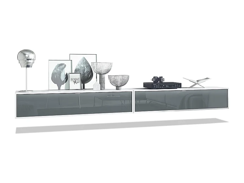 Ensemble de 2 set meuble TV Lana 140, lowboards de 140x29x37 cm chacun avec beaucoup d'espace de rangement, caisson en Blanc mat, façades en Gris brillant
