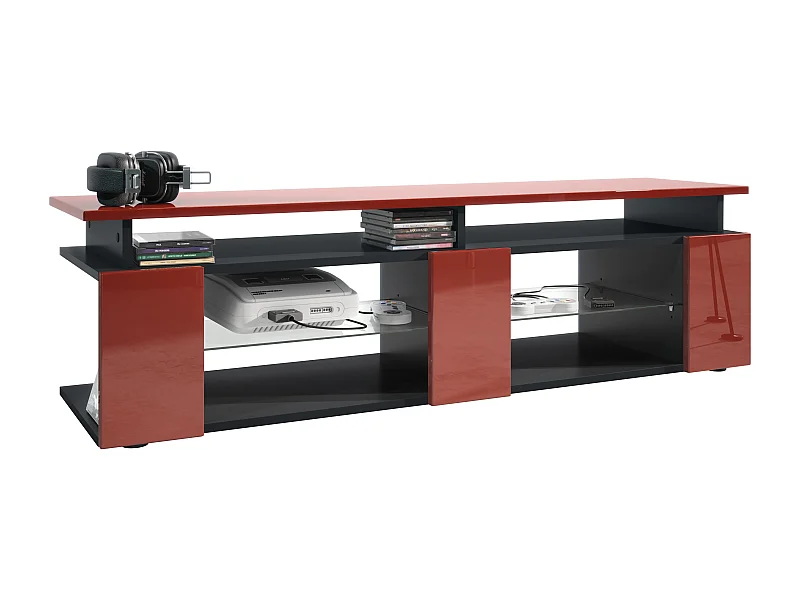 Mesa televisión Movie V2 Game On 139 x 39 x 39 cm , carcasa en negro mate, frentes en burdeos de alto brillo