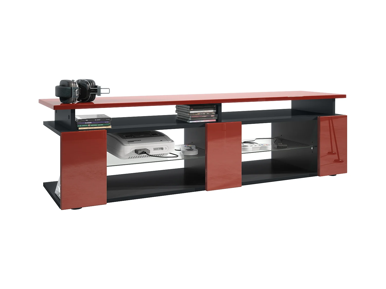 TV Board Movie V2 Game On Lowboard 138,5 x 39 x 39 cm , caisson en noir mat, façades en bordeaux haute brillance