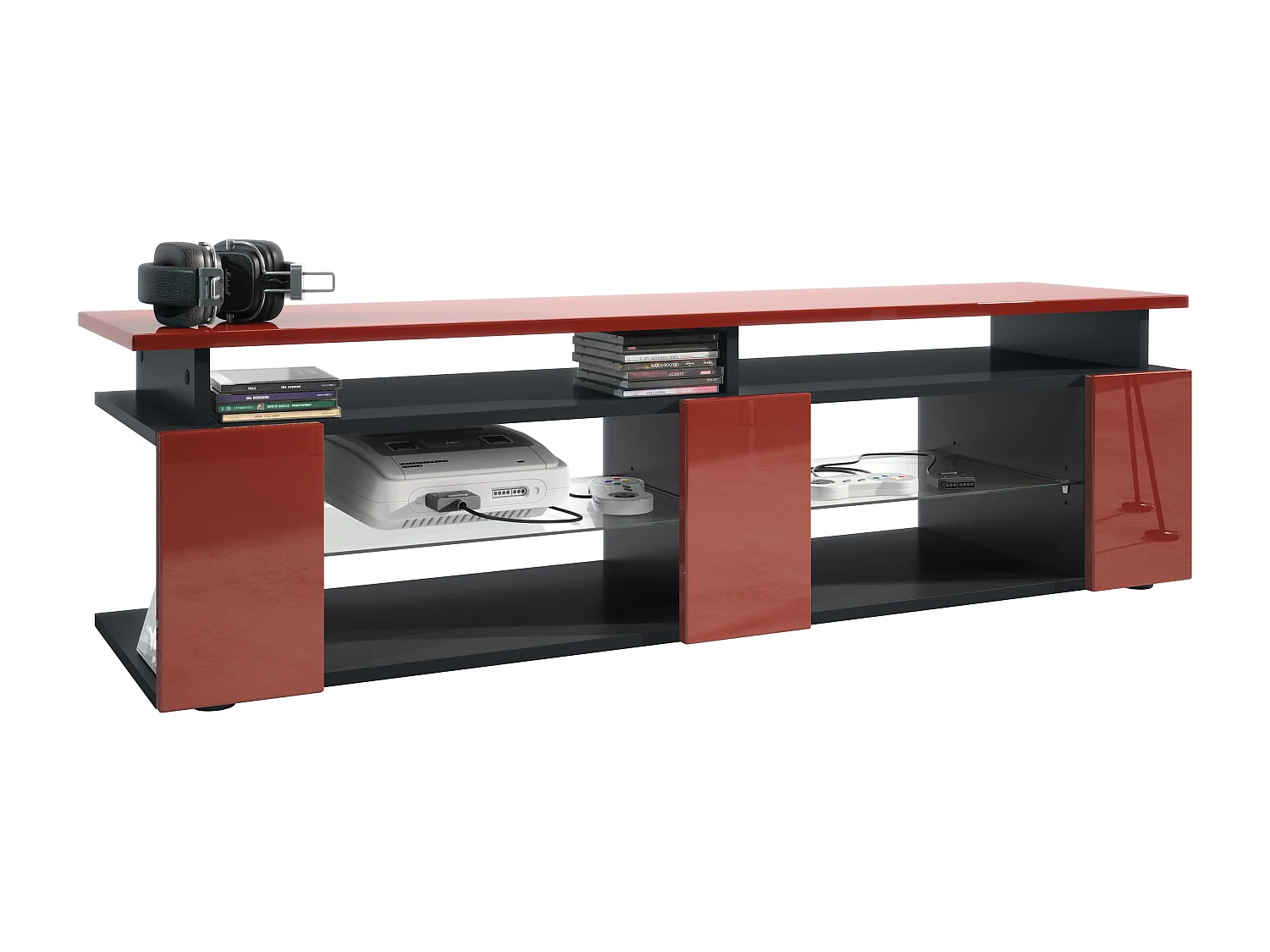 TV Board Movie V2 Game On Lowboard 138,5 x 39 x 39 cm , caisson en noir mat, façades en bordeaux haute brillance