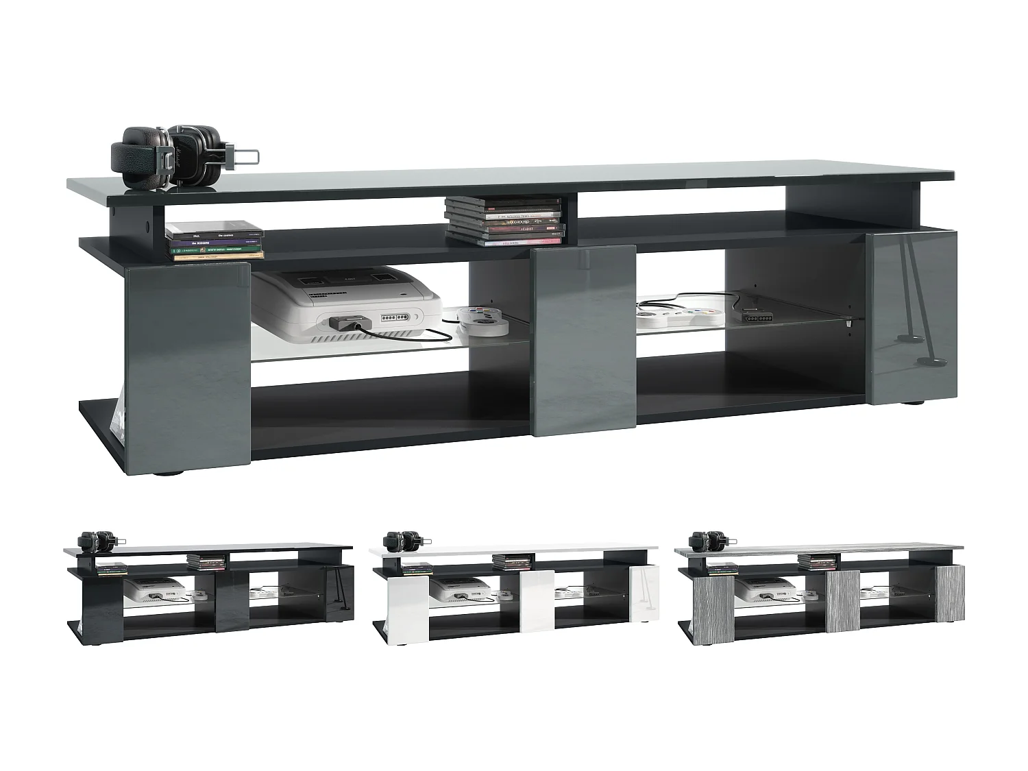 TV Board Movie V2 Game On Lowboard 138,5 x 39 x 39 cm , caisson en noir mat, façades en bordeaux haute brillance