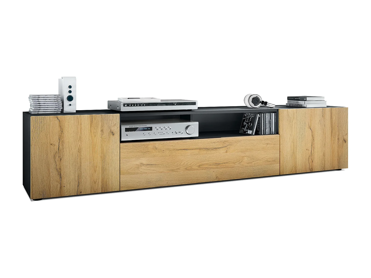 Buffet bas Mogan, Meuble TV avec 2 portes, 1 clapet et 1 compartiment ouvert, Noir mat/Chêne Nature (181 x 39 x 35 cm)