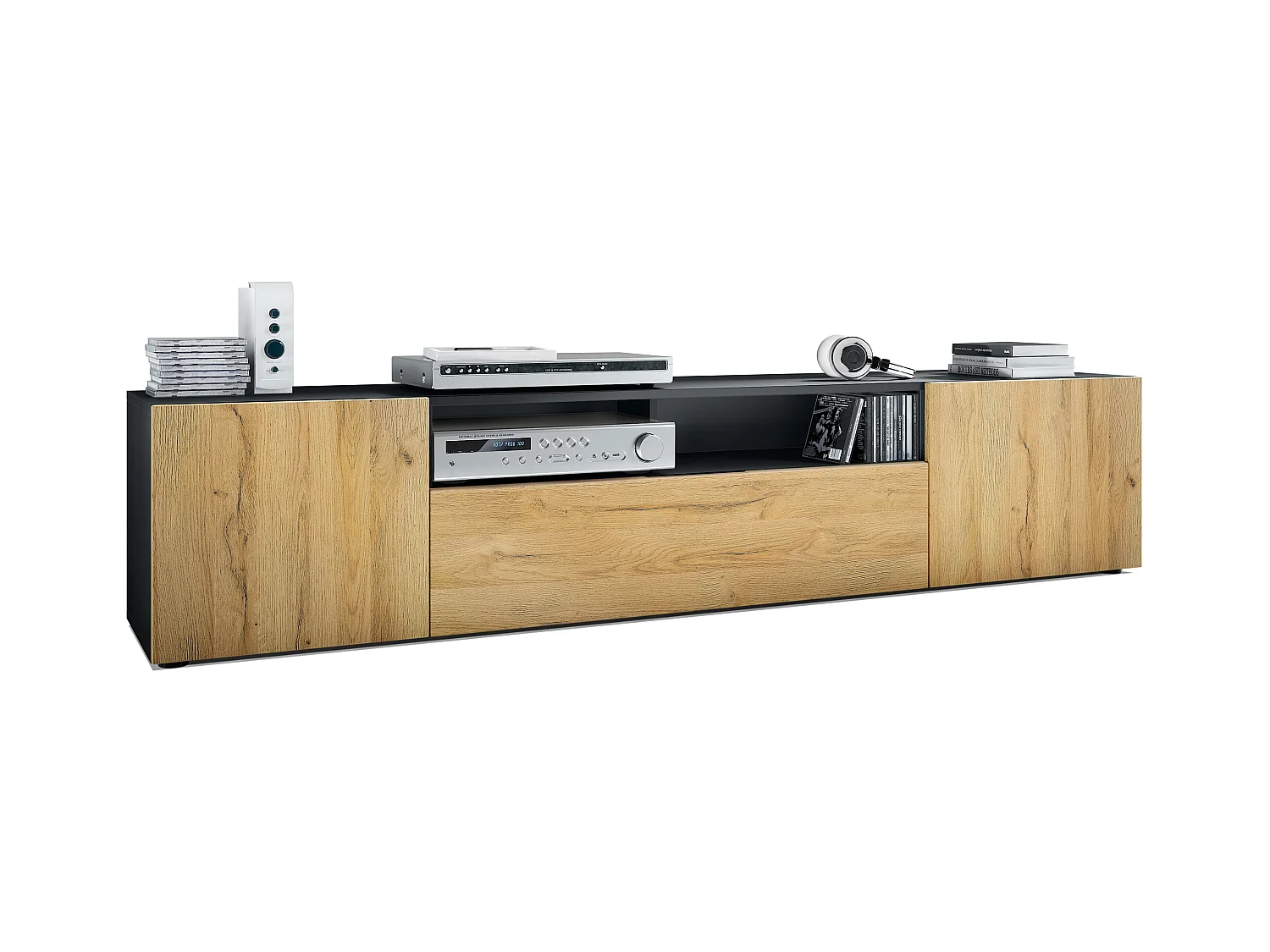 Buffet bas Mogan, Meuble TV avec 2 portes, 1 clapet et 1 compartiment ouvert, Noir mat/Chêne Nature (181 x 39 x 35 cm)