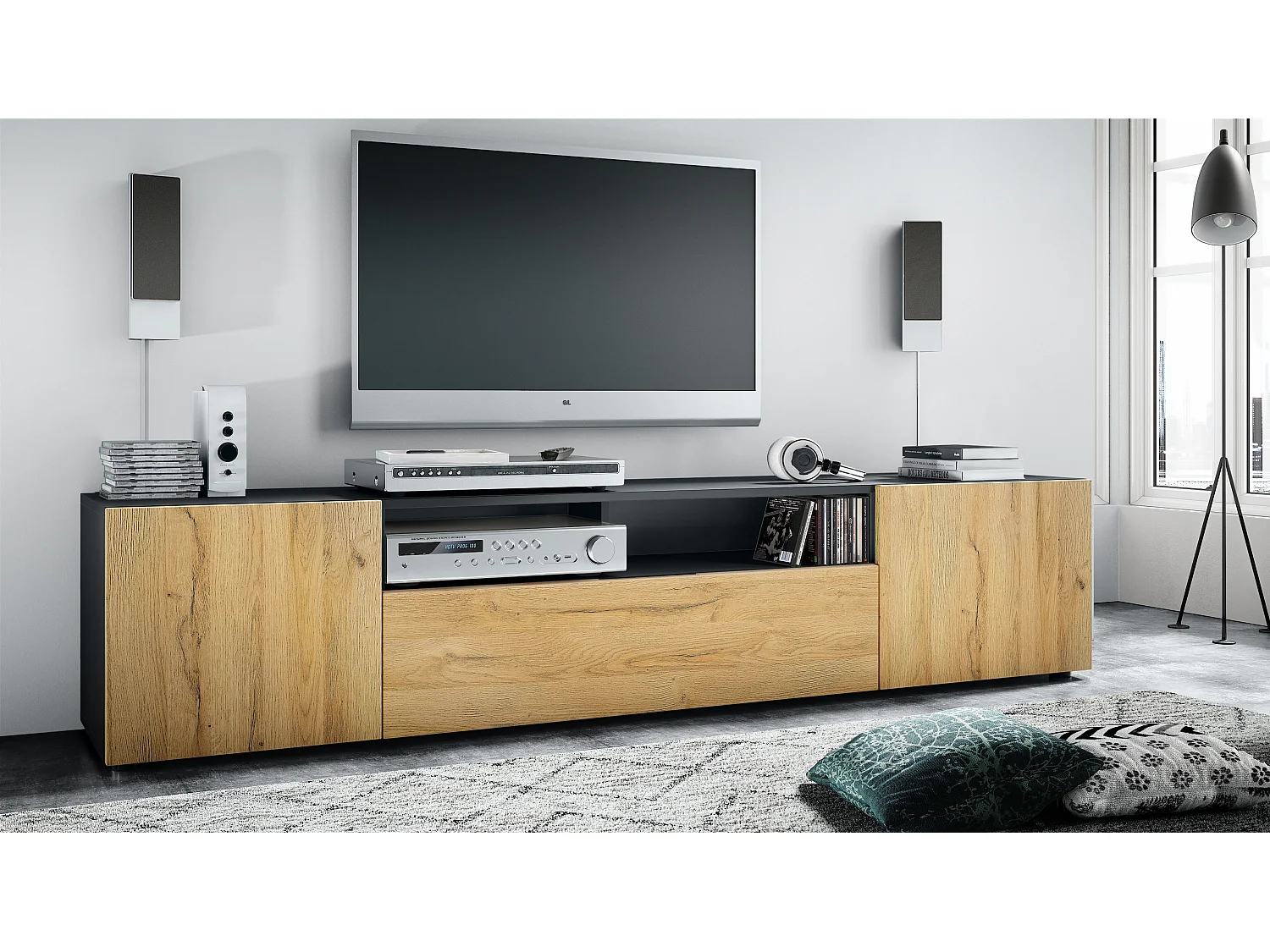 Buffet bas Mogan, Meuble TV avec 2 portes, 1 clapet et 1 compartiment ouvert, Noir mat/Chêne Nature (181 x 39 x 35 cm)