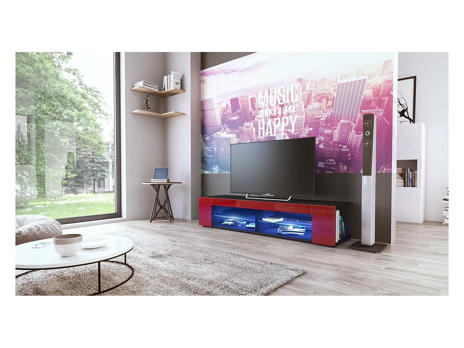Buffet bas Movie, Meuble TV avec 4 compartiments ouverts et placages décoratifs, Noir mat/Bordeaux brillant, éclairage LED bleu inclus (134 x 29 x 39 cm)