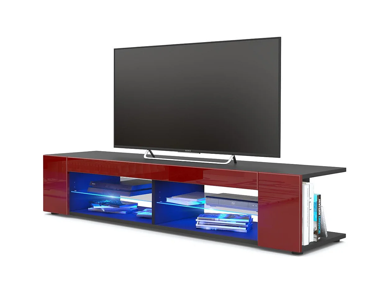 Buffet bas Movie, Meuble TV avec 4 compartiments ouverts et placages décoratifs, Noir mat/Bordeaux brillant, éclairage LED bleu inclus (134 x 29 x 39 cm)