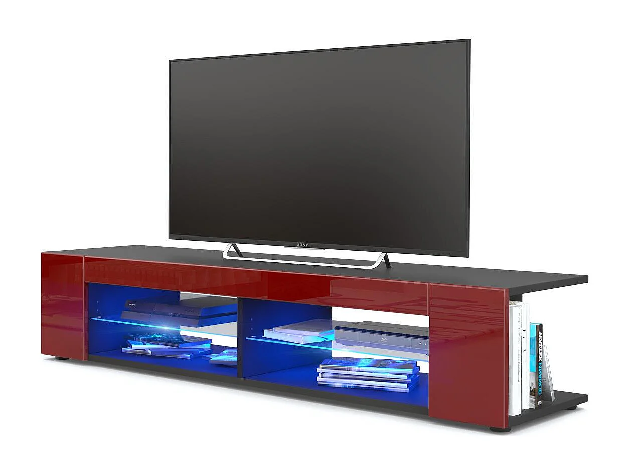 Buffet bas Movie, Meuble TV avec 4 compartiments ouverts et placages décoratifs, Noir mat/Bordeaux brillant, éclairage LED bleu inclus (134 x 29 x 39 cm)