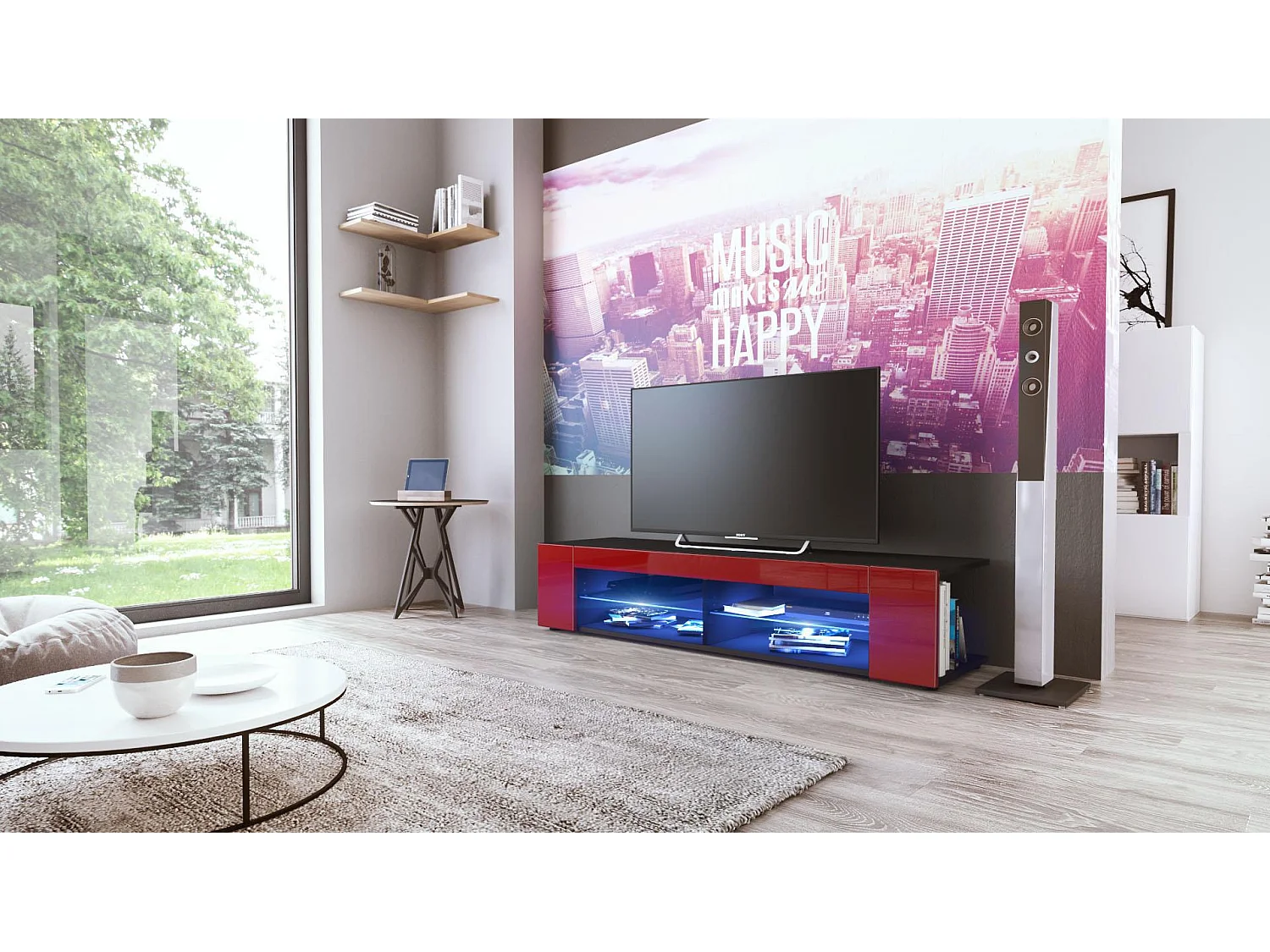 Buffet bas Movie, Meuble TV avec 4 compartiments ouverts et placages décoratifs, Noir mat/Bordeaux brillant, éclairage LED bleu inclus (134 x 29 x 39 cm)