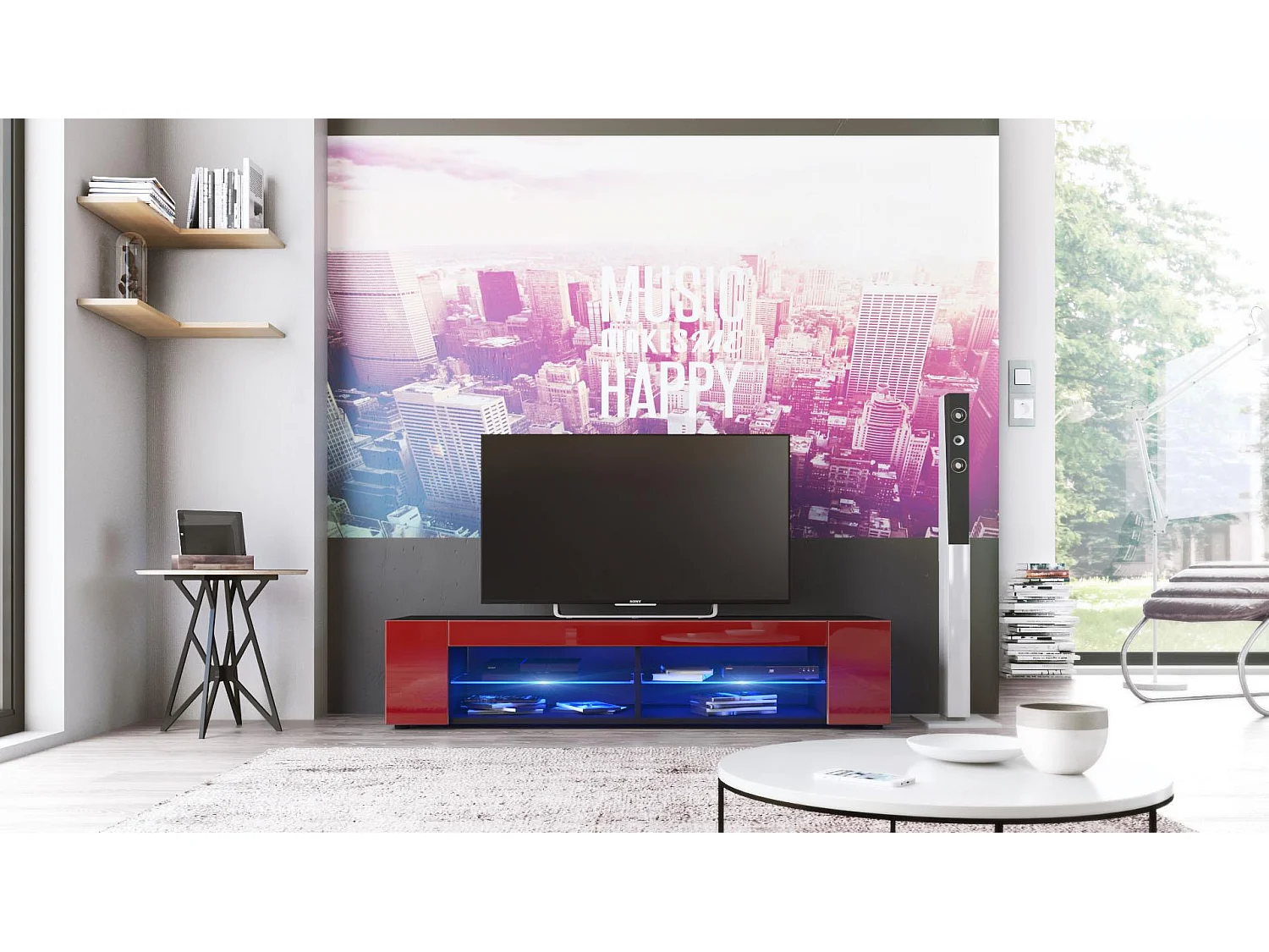 Buffet bas Movie, Meuble TV avec 4 compartiments ouverts et placages décoratifs, Noir mat/Bordeaux brillant, éclairage LED bleu inclus (134 x 29 x 39 cm)
