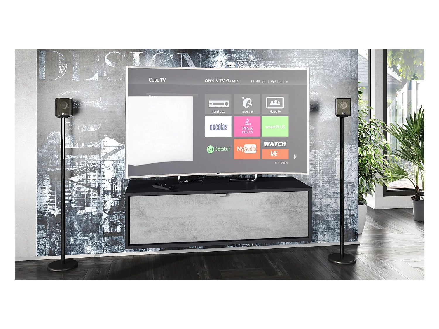 Meuble TV Lana 100 armoire murale lowboard 100 x 29 x 37 cm, caisson en noir mat, façades en aspect béton oxyde | Grand choix de couleurs