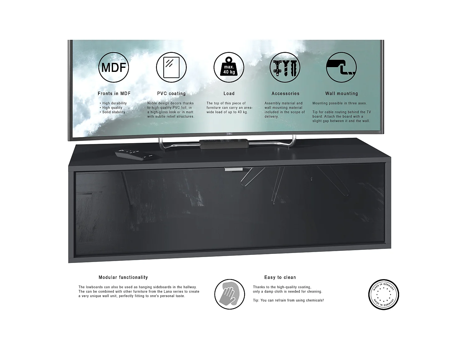 Meuble TV Lana 100 armoire murale lowboard 100 x 29 x 37 cm, caisson en noir mat, façades en aspect béton oxyde | Grand choix de couleurs