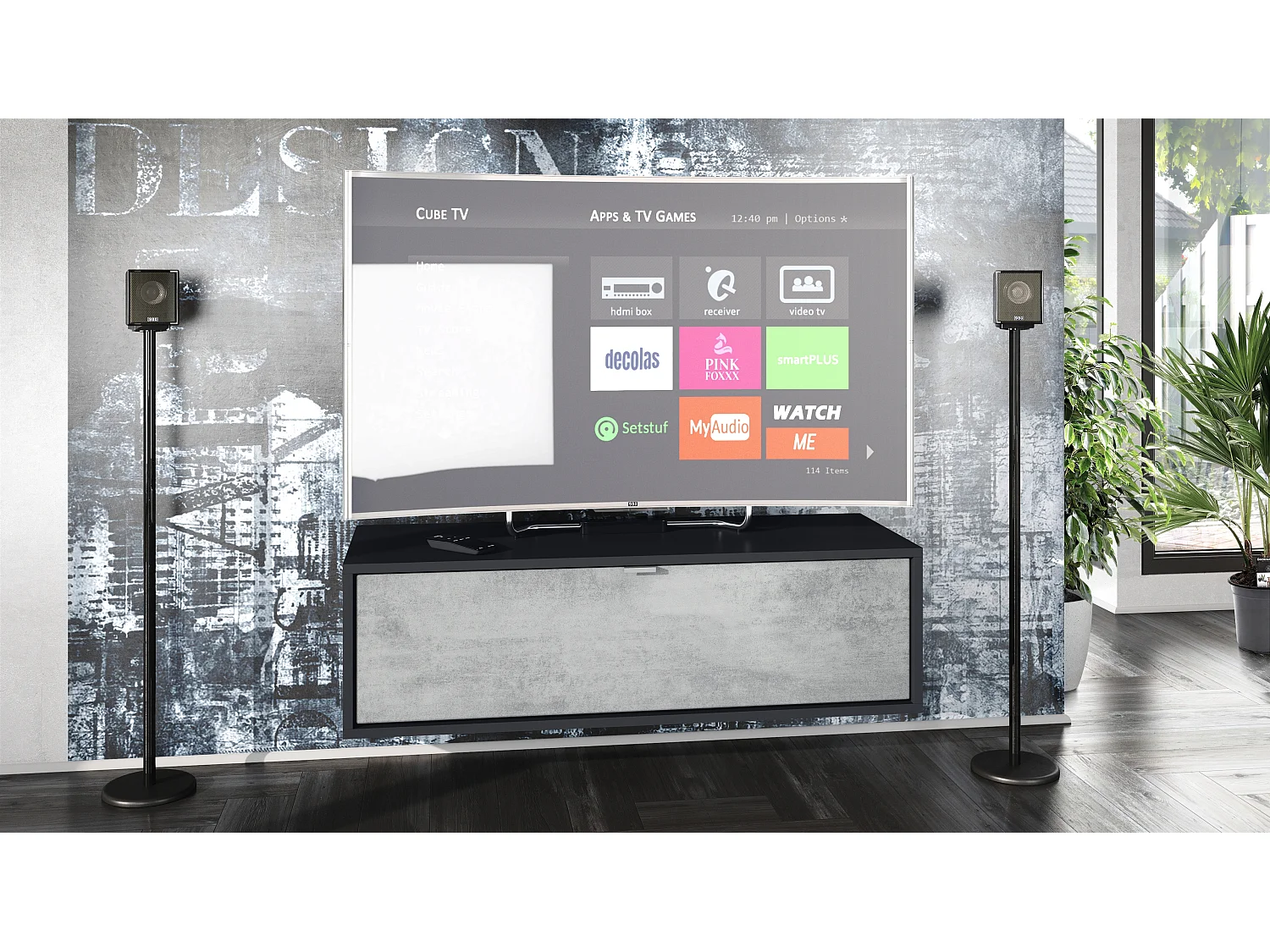 Meuble TV Lana 100 armoire murale lowboard 100 x 29 x 37 cm, caisson en noir mat, façades en aspect béton oxyde | Grand choix de couleurs