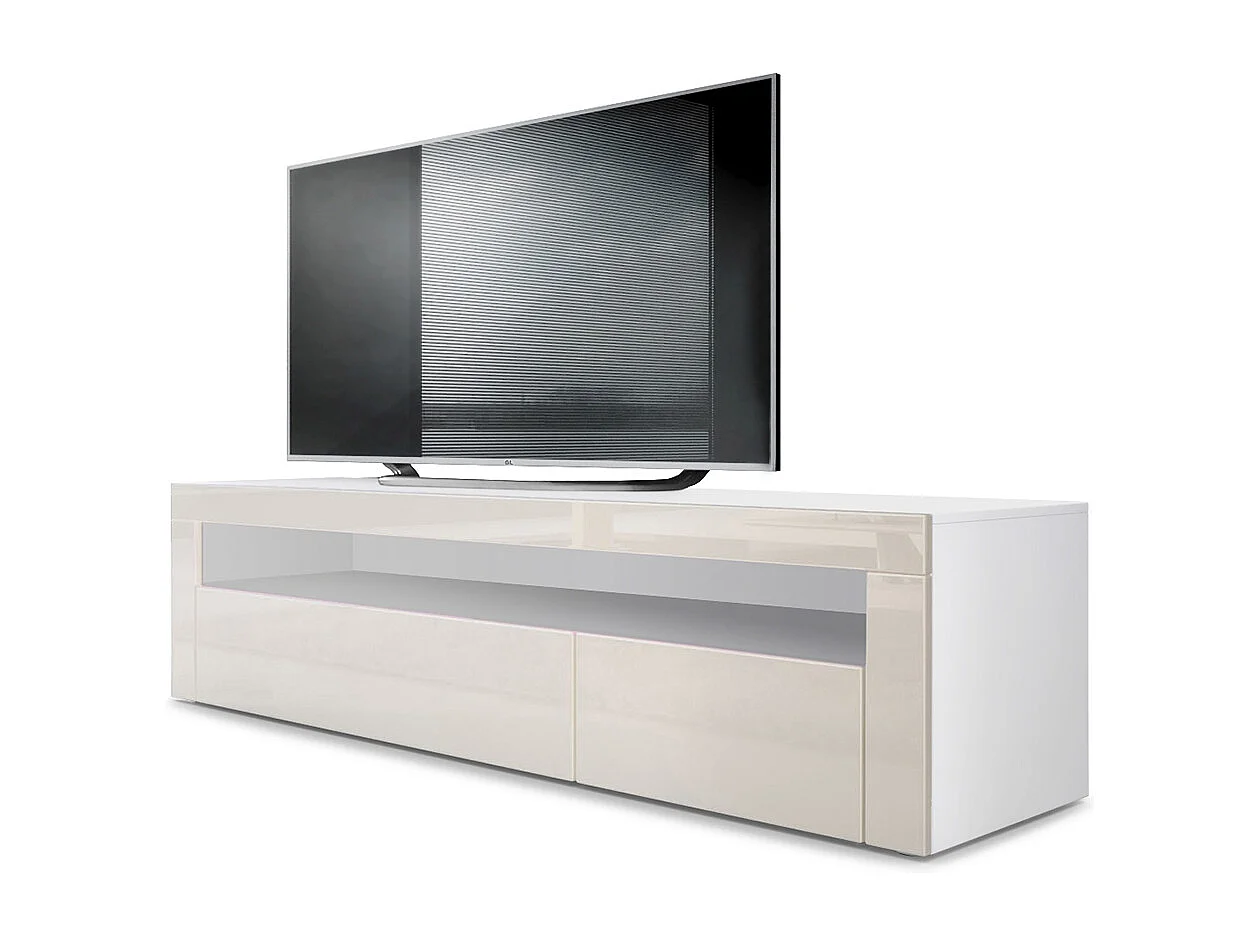 Buffet bas Valencia, Meuble TV avec 1 compartiment ouvert et 2 clapets, Blanc mat/crème haute brillance/crème haute brillance (155 x 46 x 40 cm)