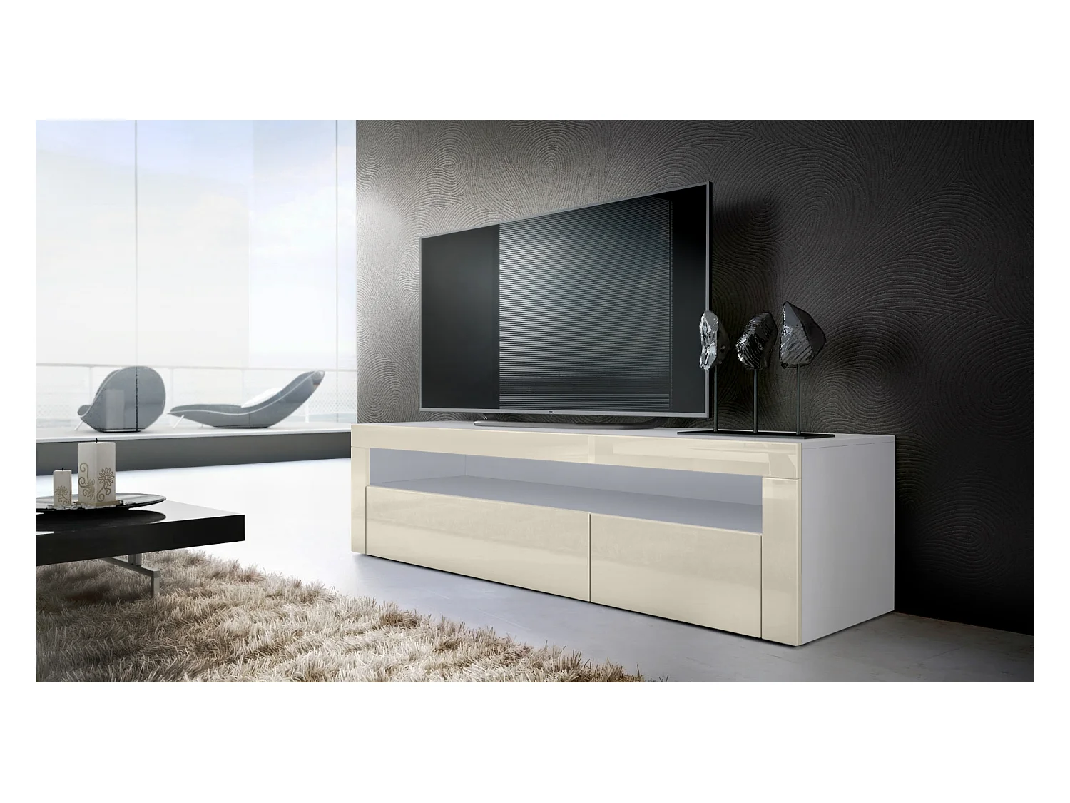 Buffet bas Valencia, Meuble TV avec 1 compartiment ouvert et 2 clapets, Blanc mat/crème haute brillance/crème haute brillance (155 x 46 x 40 cm)