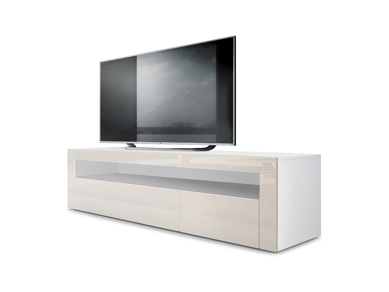 Buffet bas Valencia, Meuble TV avec 1 compartiment ouvert et 2 clapets, Blanc mat/crème haute brillance/crème haute brillance (155 x 46 x 40 cm)