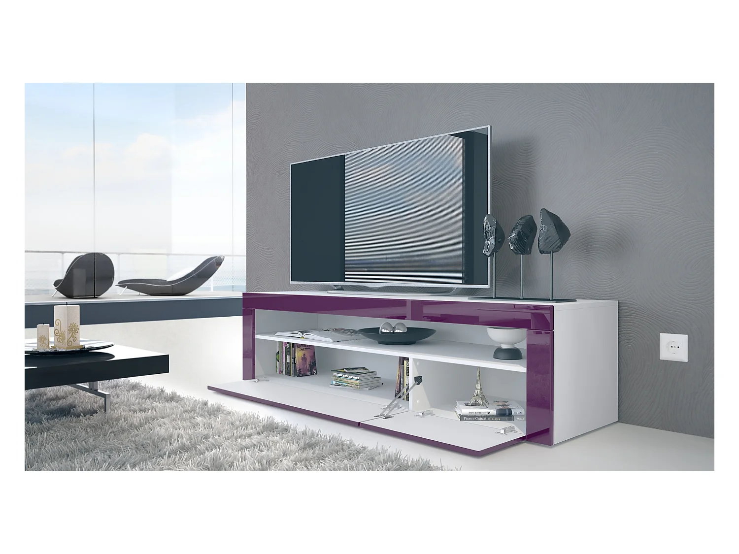 Buffet bas Valencia, Meuble TV avec 1 compartiment ouvert et 2 clapets, Blanc mat/crème haute brillance/crème haute brillance (155 x 46 x 40 cm)
