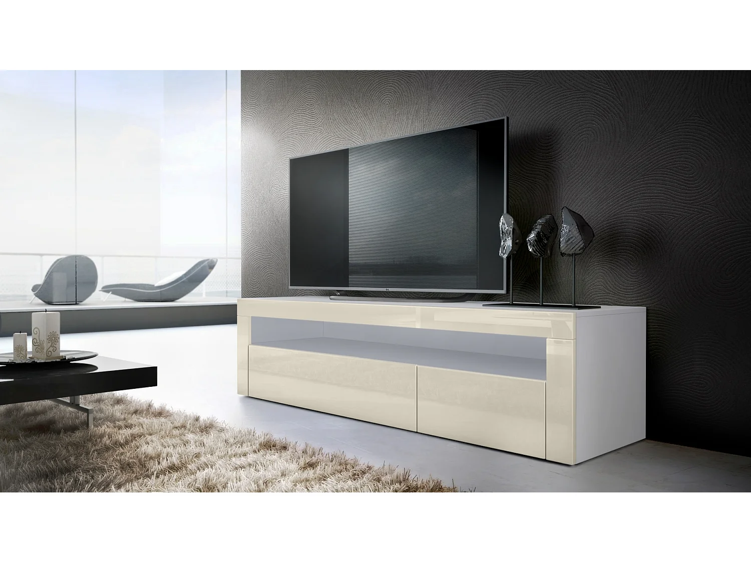 Buffet bas Valencia, Meuble TV avec 1 compartiment ouvert et 2 clapets, Blanc mat/crème haute brillance/crème haute brillance (155 x 46 x 40 cm)