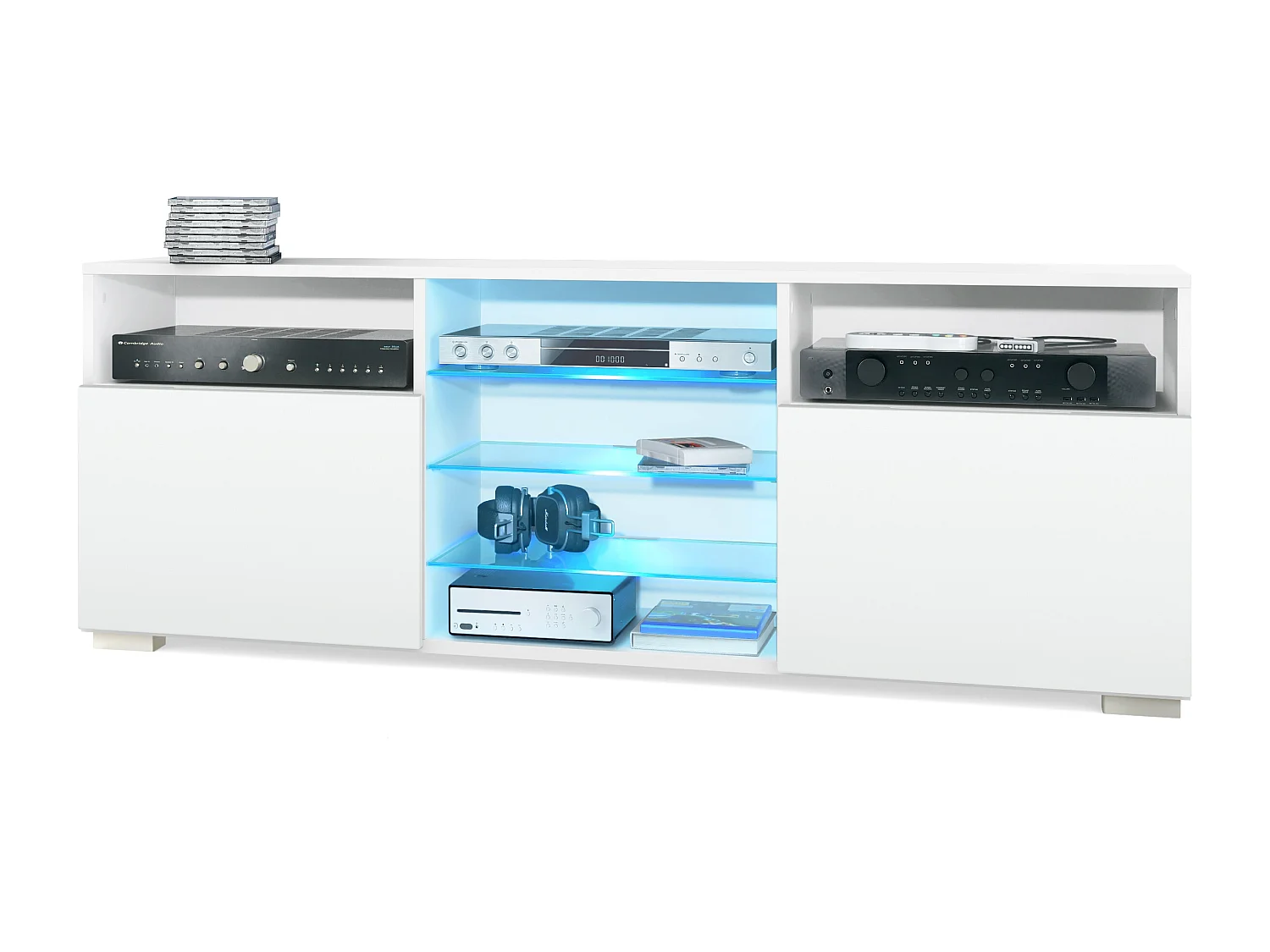 Meuble TV Granada, Lowboard avec 2 portes et 6 compartiments ouverts, corps blanc mat, façades en blanc mat avec éclairage LED RVB (146 x 54 x 35 cm)