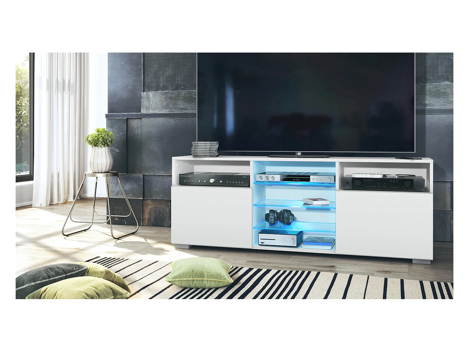 Meuble TV Granada, Lowboard avec 2 portes et 6 compartiments ouverts, corps blanc mat, façades en blanc mat avec éclairage LED RVB (146 x 54 x 35 cm)